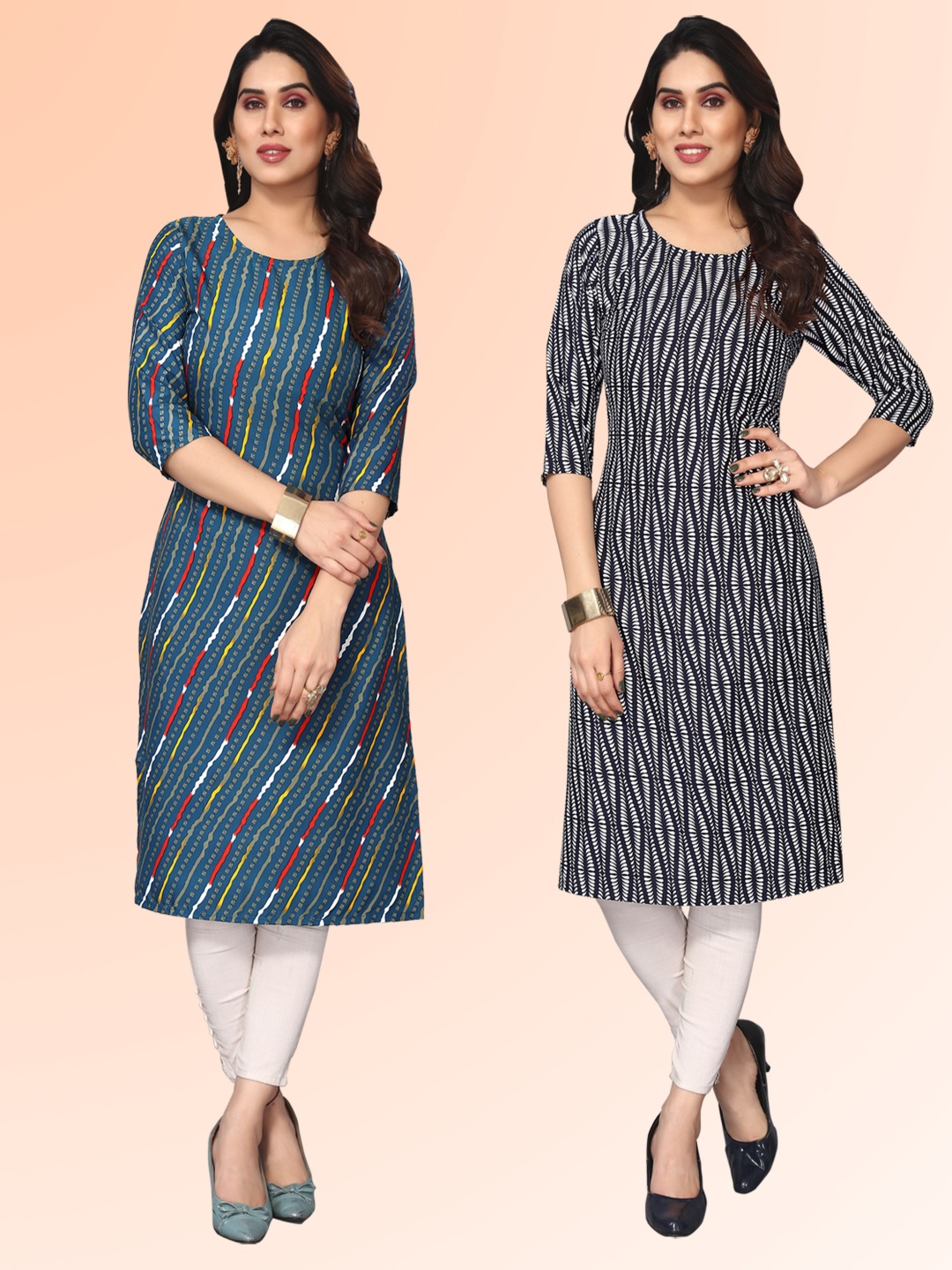 

KETAKI FASHION Selection of 2 Striped Round Neck Straight Kurtas, Blue