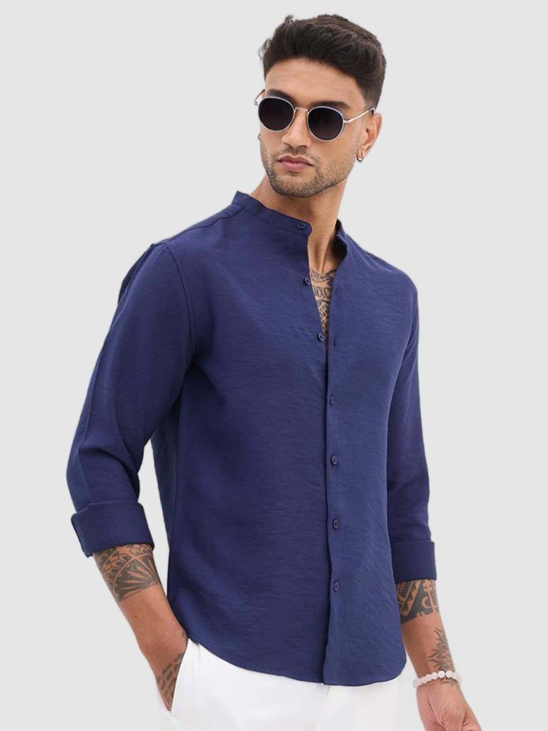 

Snitch Men Smart Fit Band Collar Textured Casual Shirt, Navy blue