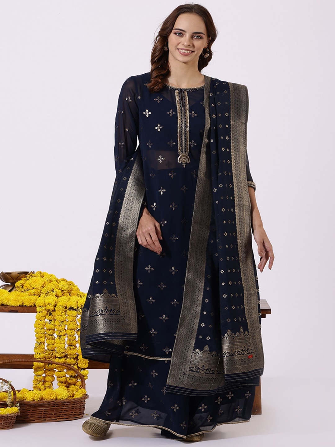 

W Floral Embroidered Boat Neck Sequinned Straight Kurta With Palazzo & Dupatta, Blue