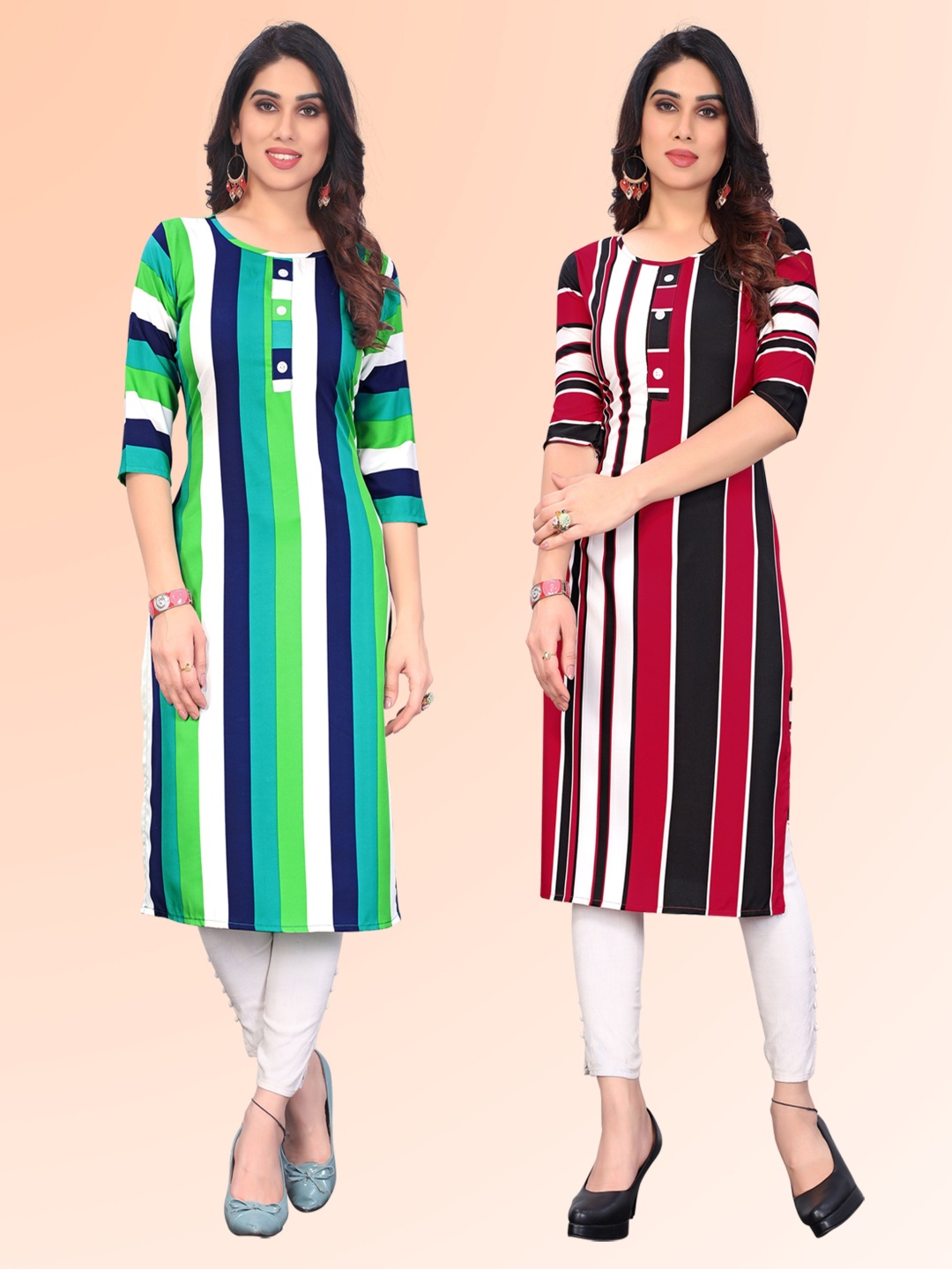 

KETAKI FASHION Selection Of 2 Striped Printed Round Neck Straight Kurtas, Green