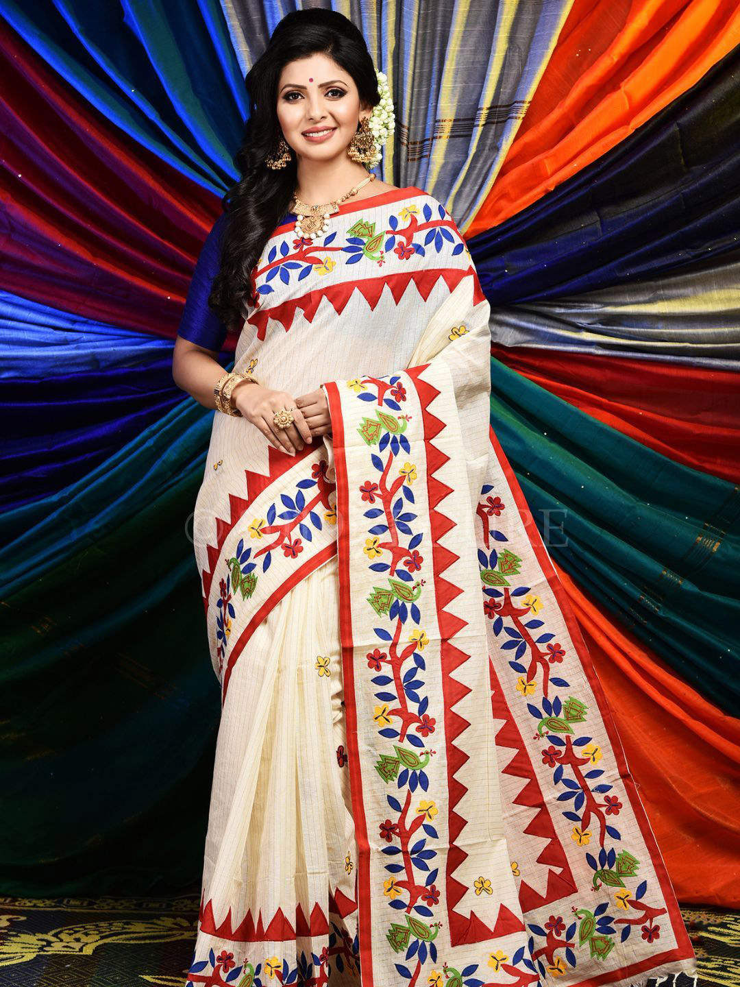 

8POURE Floral Patchwork Pure Cotton Designer Saree, Off white