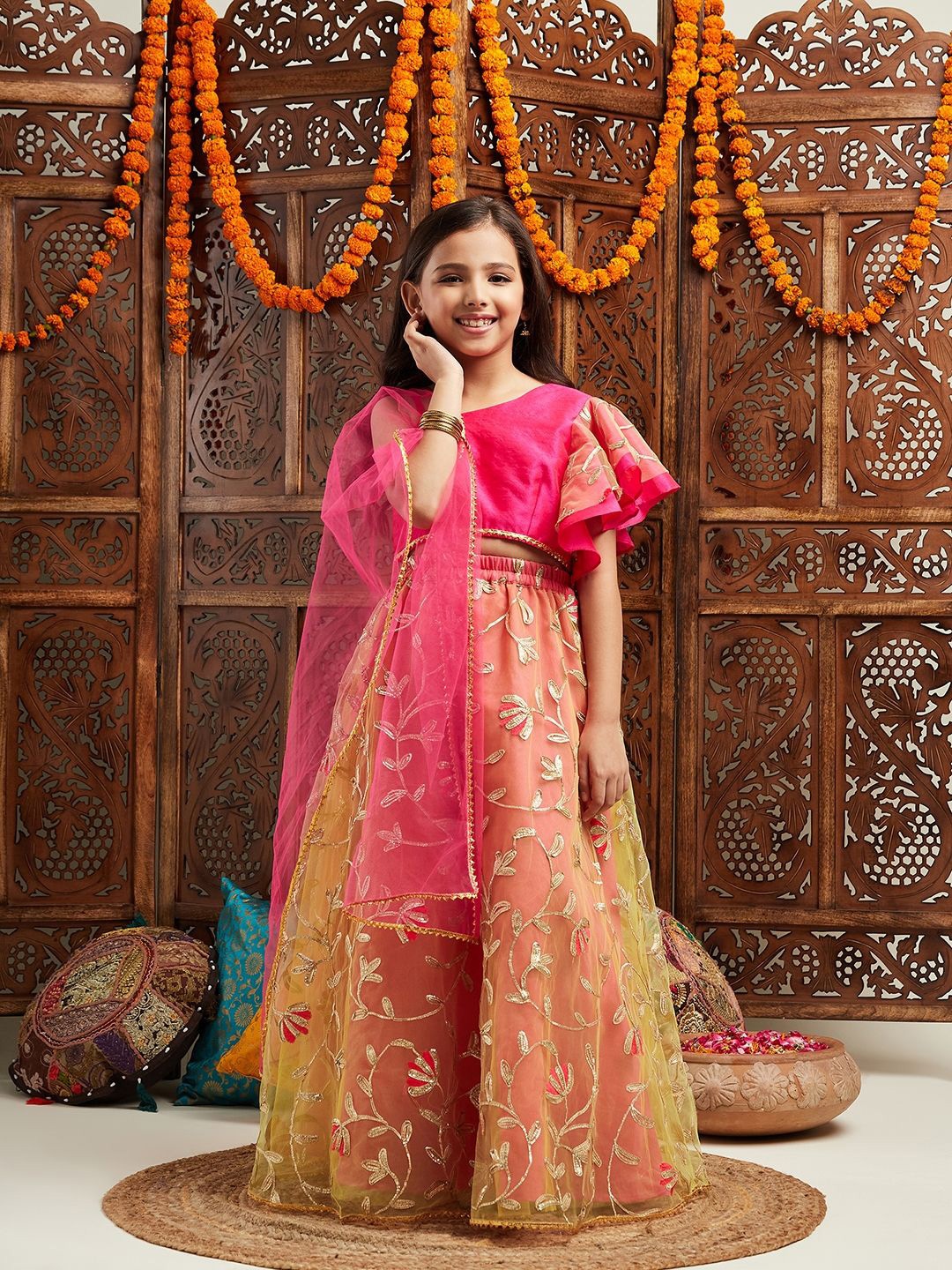 

pspeaches Girls Embroidered Net Ready to Wear Lehenga & Blouse With Dupatta, Magenta