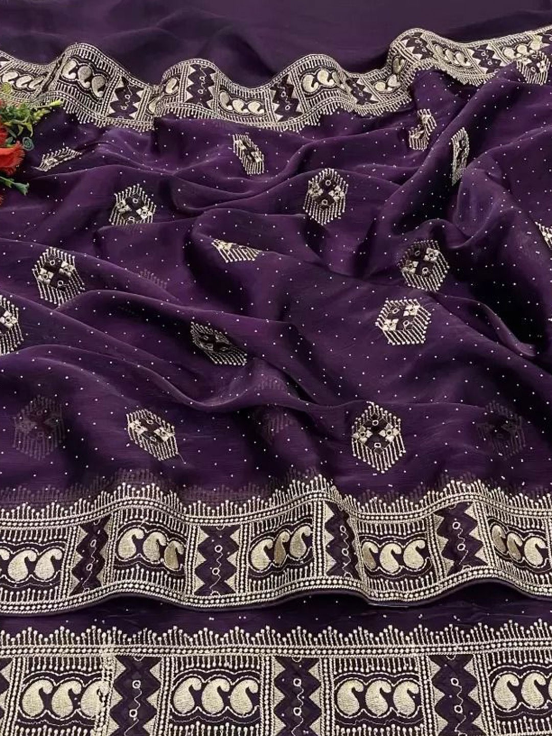 

SAADHVI Beads and Stones Embroidered Organza Saree, Burgundy