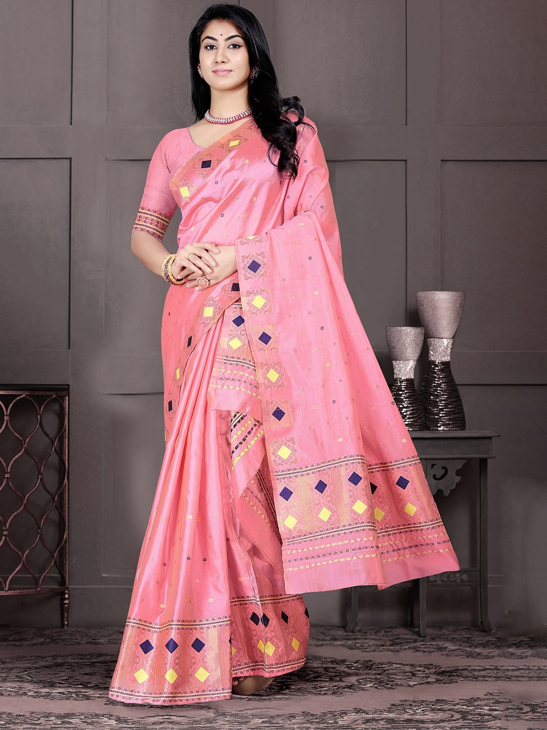 

KAMDAR Semi Dyed Toss Silk Assamese Mekhela Sador Jharna, Pink