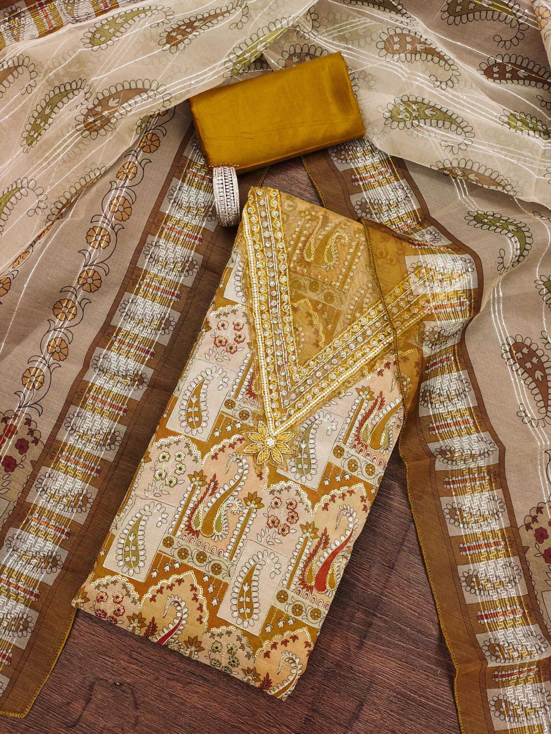 

MANVAA Ethnic Motifs Embellished Beads and Stones Organza Unstitched Dress Material, Mustard