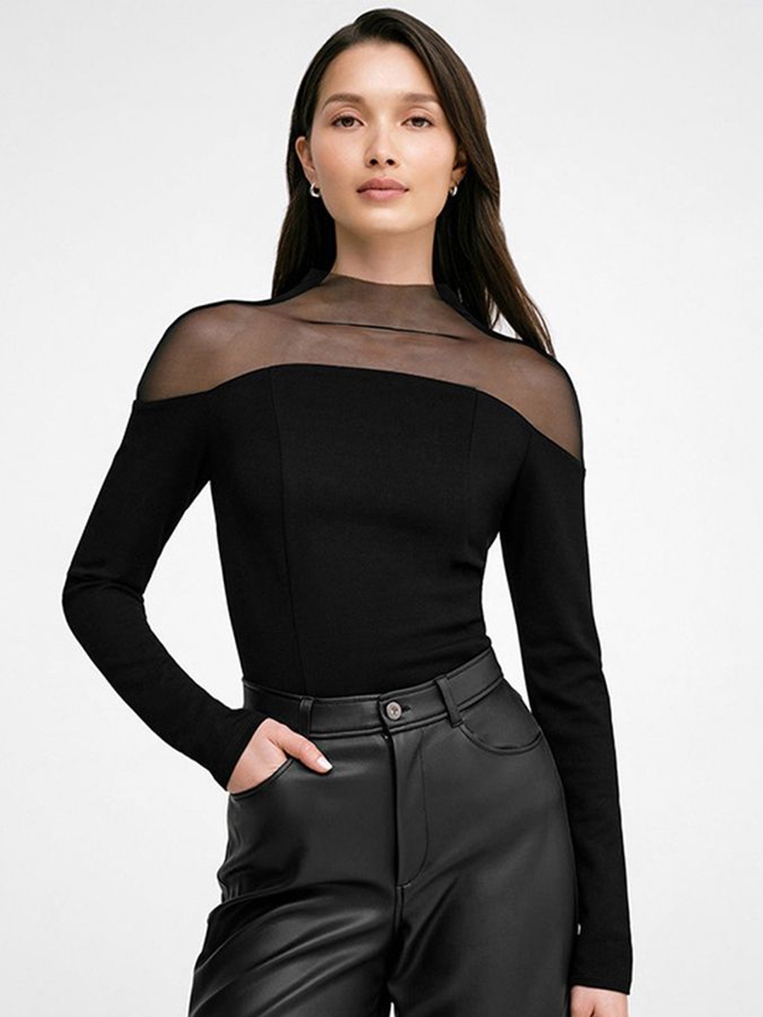 

LULU & SKY Women Sheer High Neck Bardot Top, Black