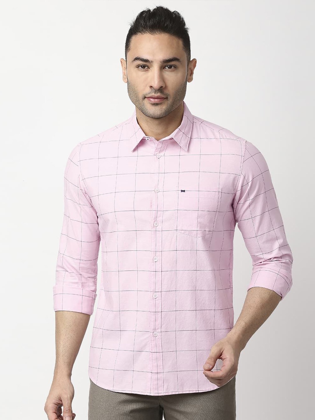 

Basics Men Slim Fit Spread Collar Windowpane Checked Cotton Casual Shirt, Pink