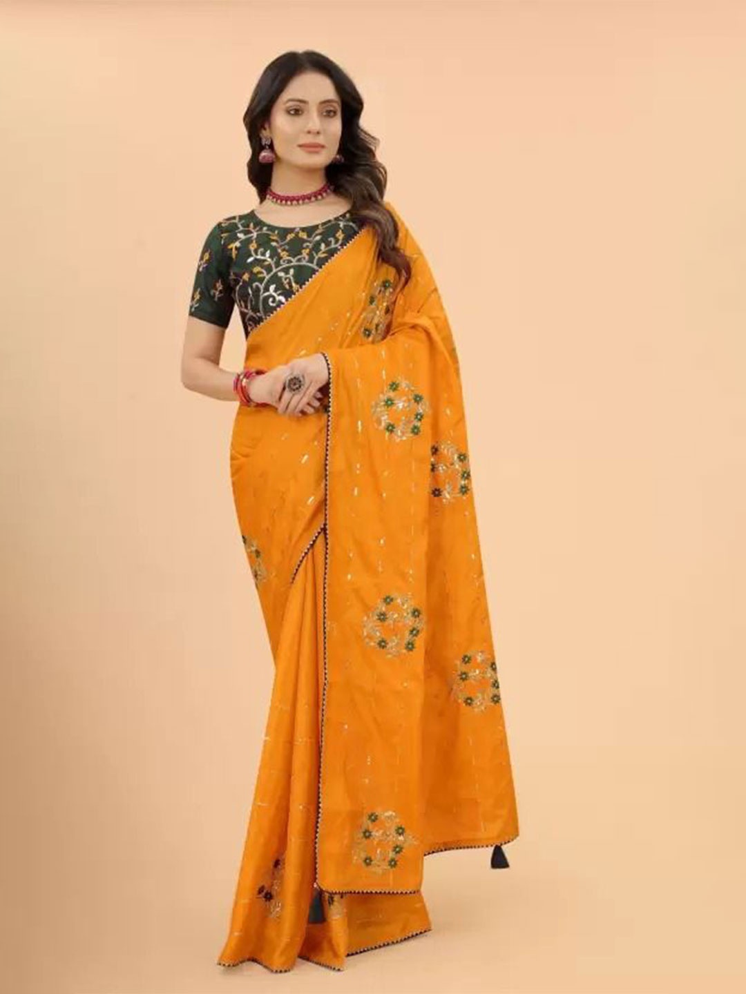 

SAADHVI Embellished Embroidered Art Silk Designer Saree, Yellow