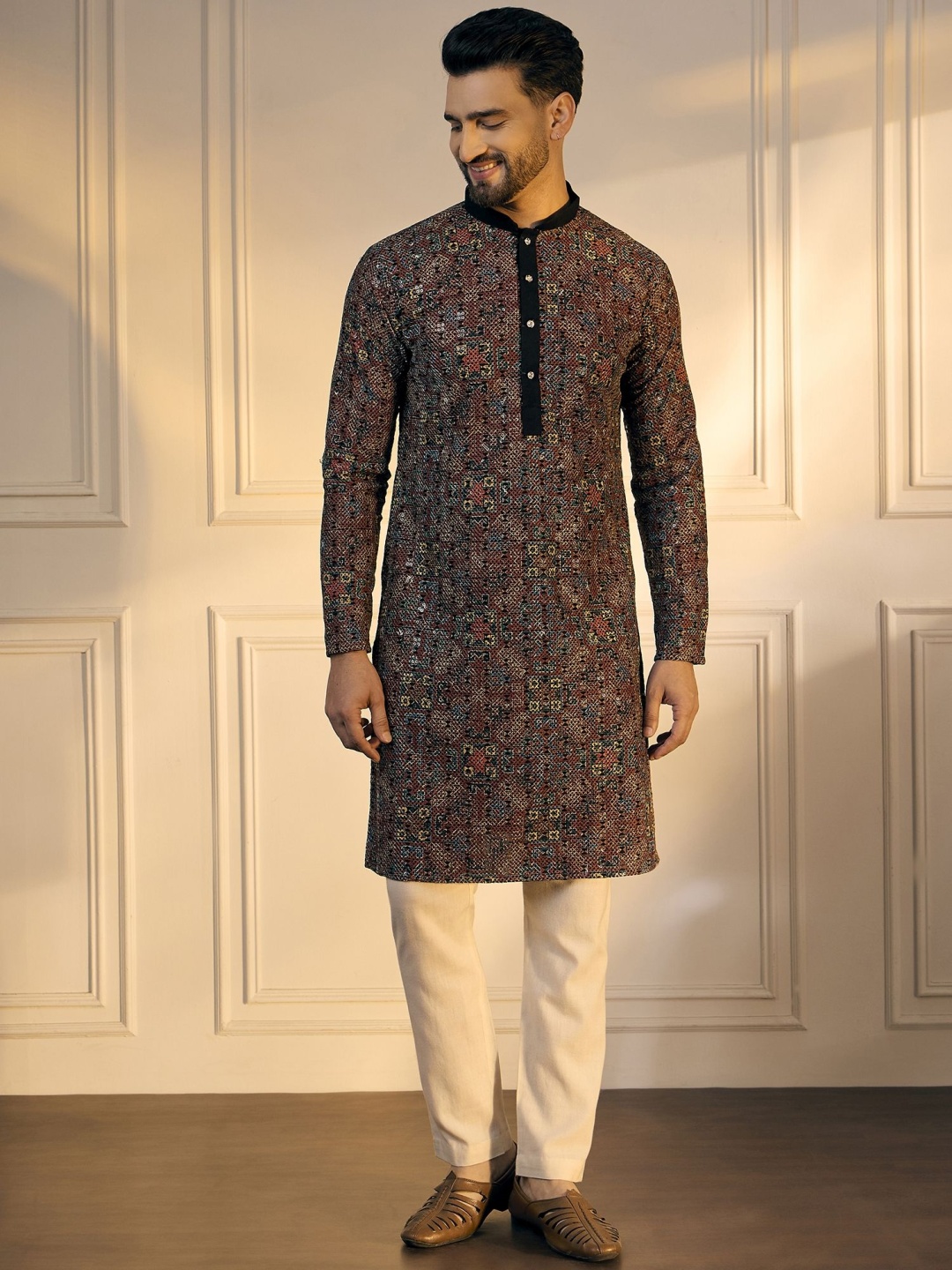 

Anouk Black Geometric Embroidered Sequinned Mandarin Collar Straight Kurta