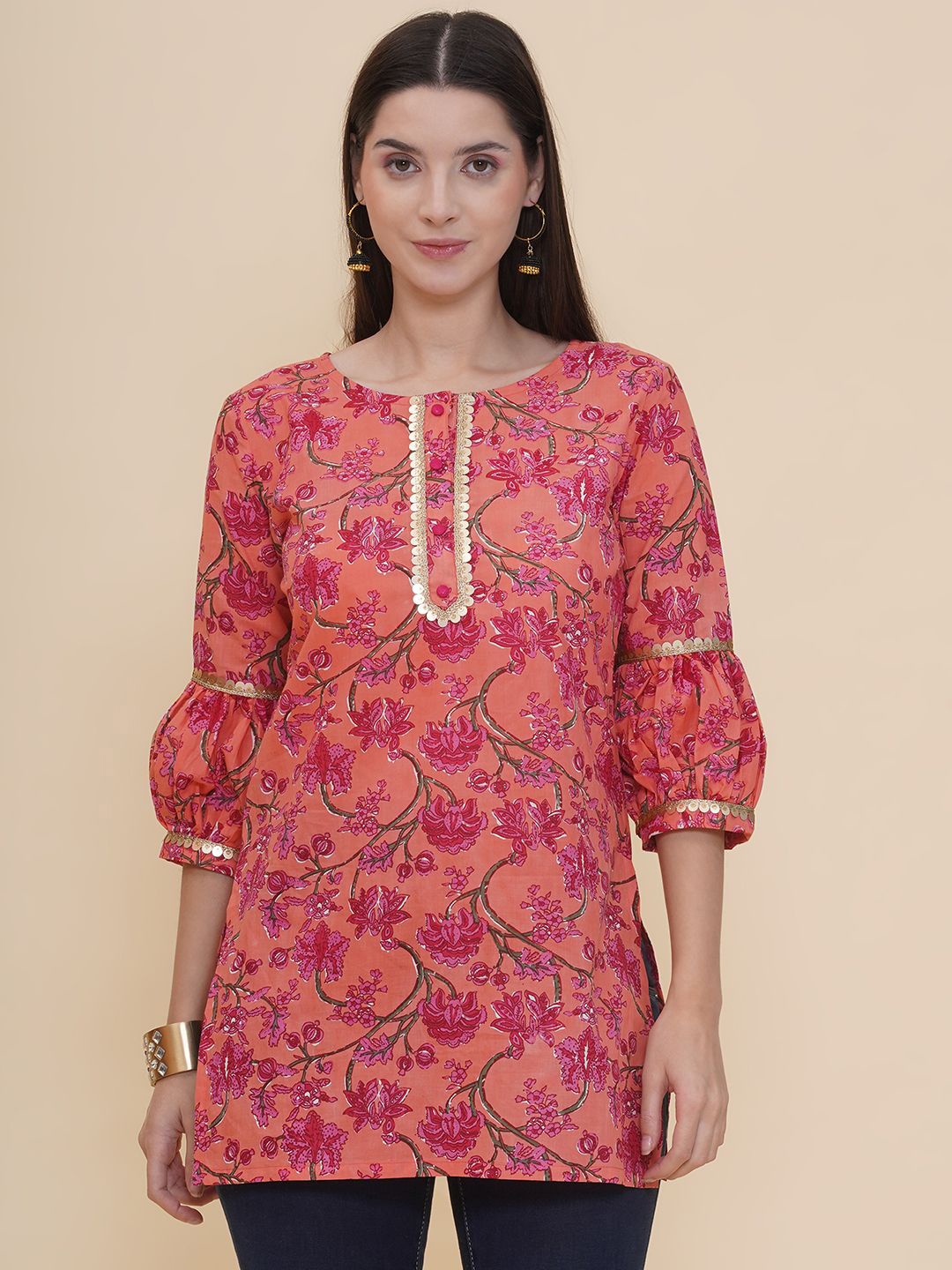 

Modish Couture Women Printed Round Neck Tunic, Peach