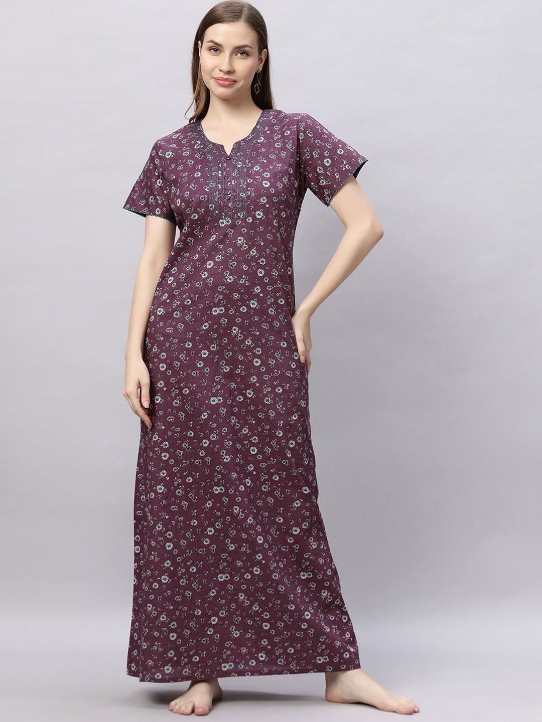 

QUIRA Floral Printed Maxi Nightdress, Maroon