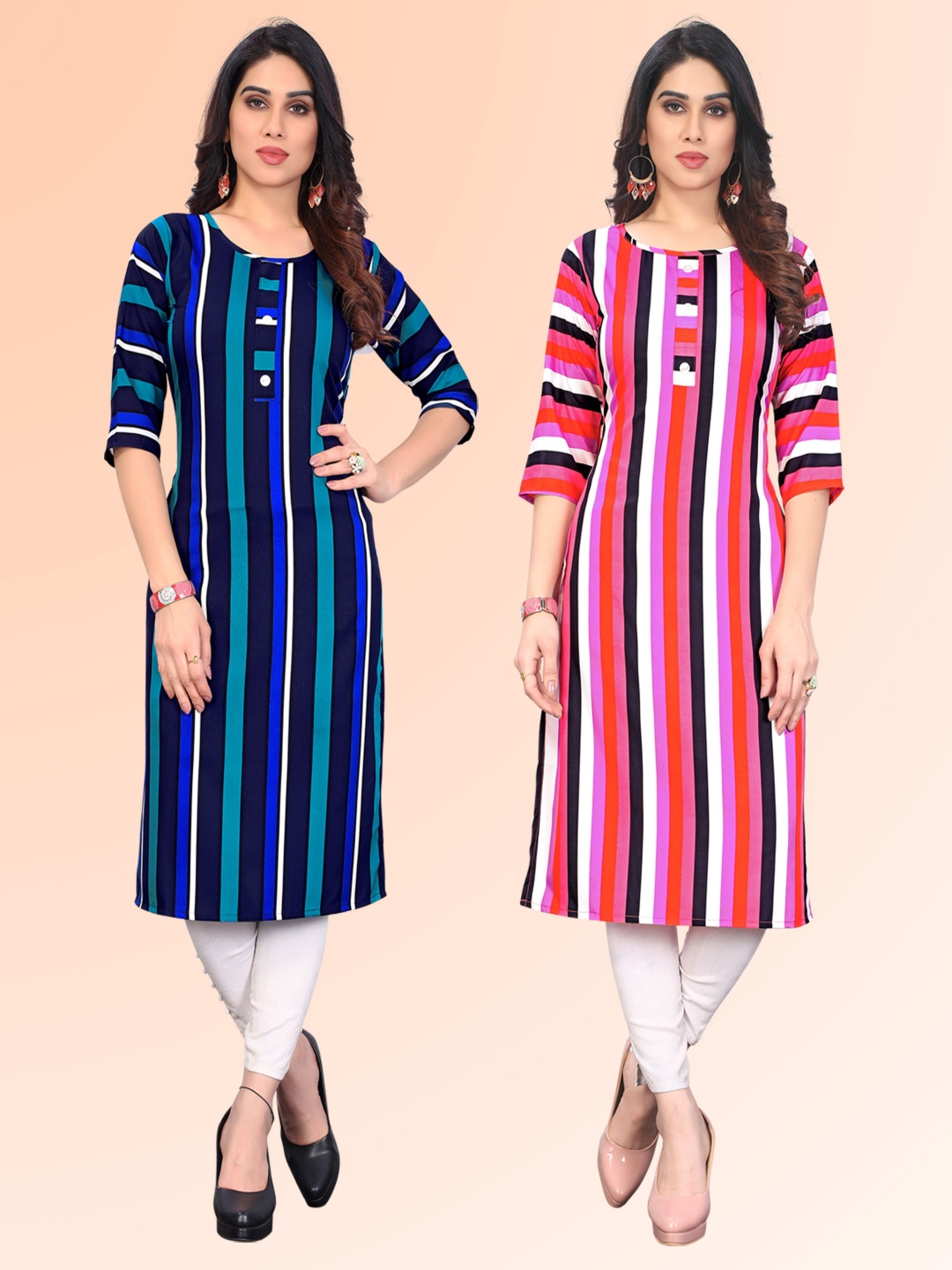 

KETAKI FASHION Selection Of 2 Striped Printed Round Neck Straight Kurtas, Blue