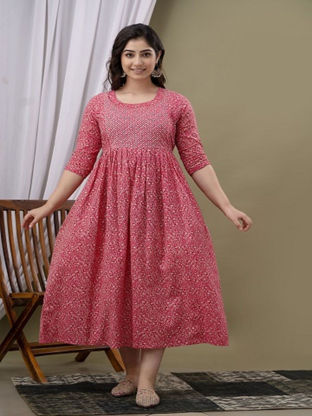 

Nevisha Style Ethnic Motifs Printed Round Neck Gotta Patti Maternity Cotton Anarkali Kurta, Pink