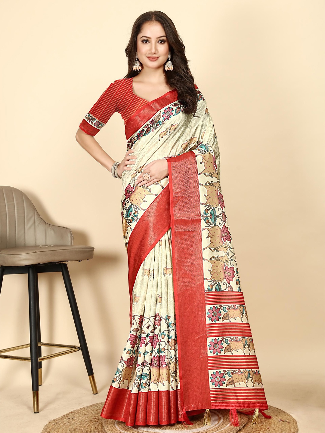 

J 6 DESIGNER Floral Zari Saree, Gold