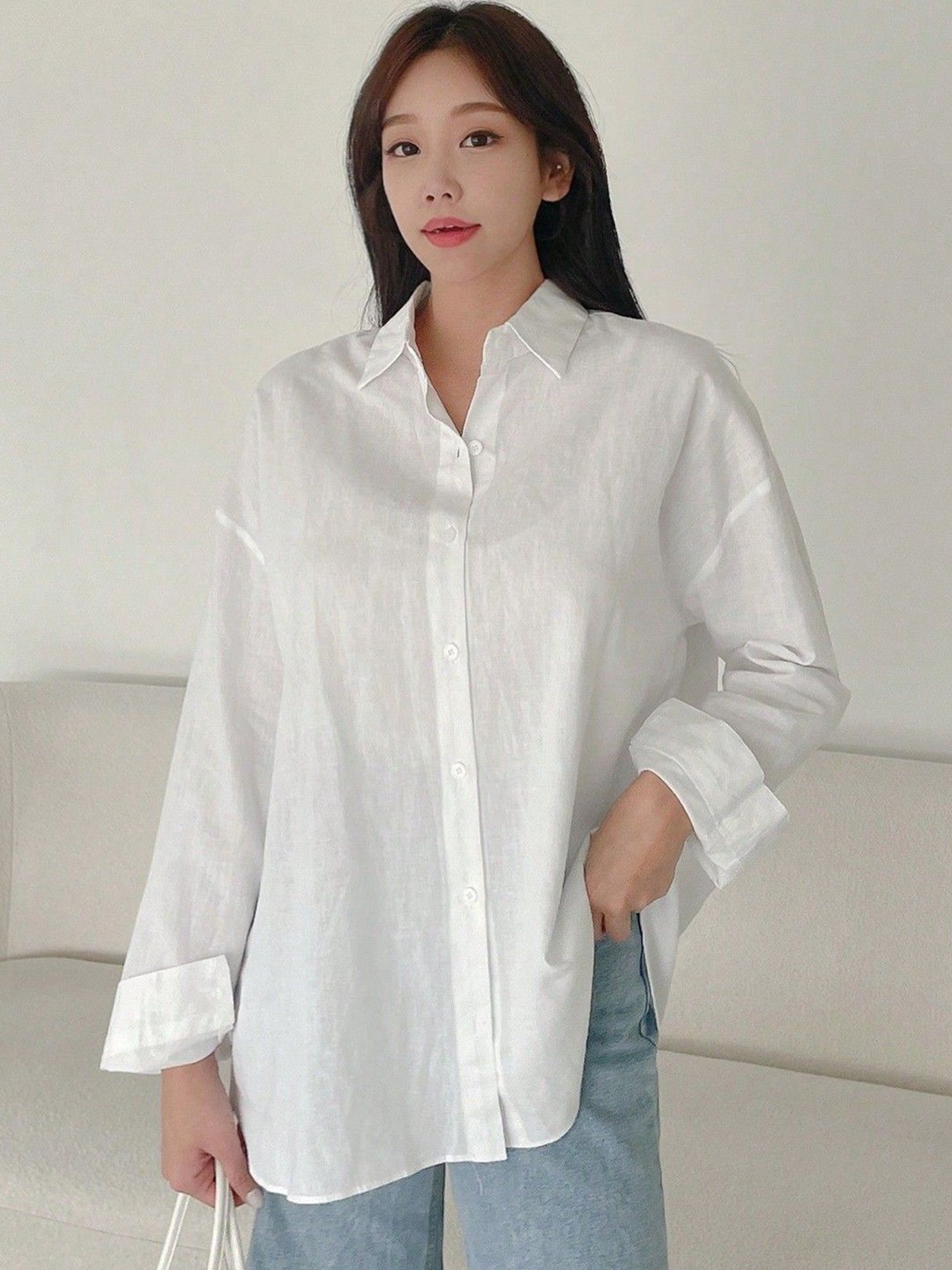 

NANCHI Women Comfort Oversized Fit Spread Collar Solid Cotton Casual Shirt, White