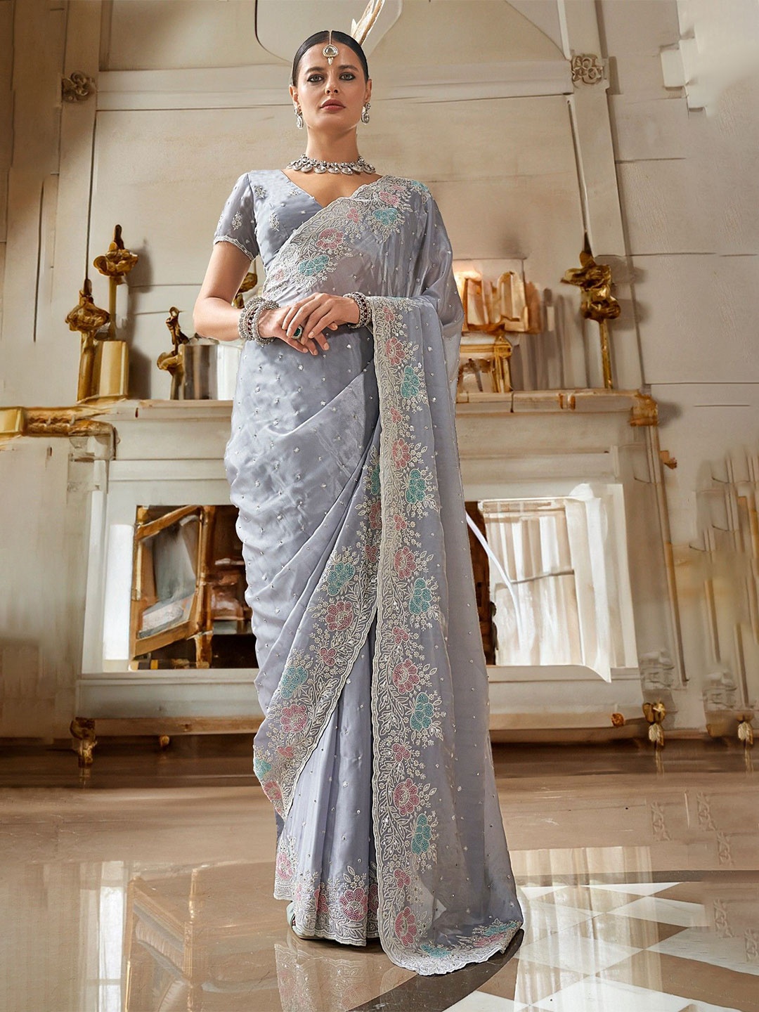 

MySilkLove Ethnic Motifs Beads and Stones Saree, Grey