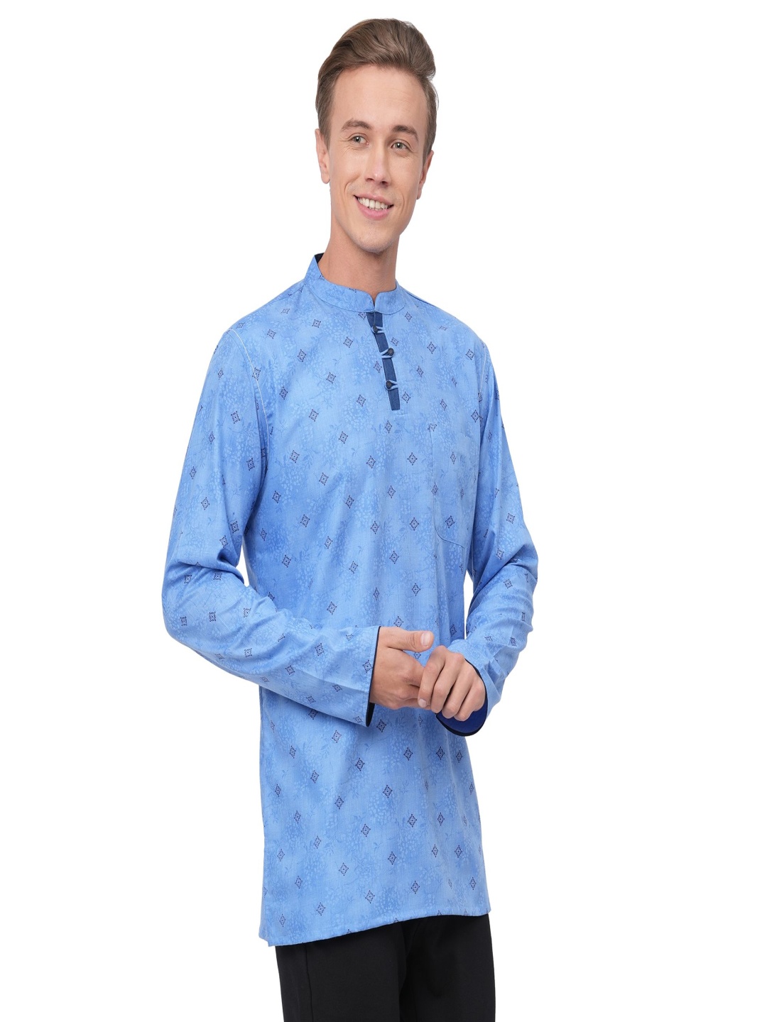 

ARCHATTIRE Floral Printed Mandarin Collar Cotton Straight Short Kurta, Blue