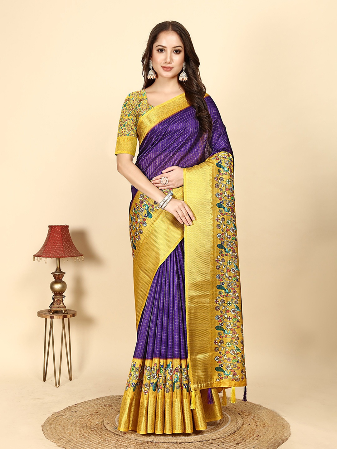 

J 6 DESIGNER Floral Zari Printed Block Print Saree, Purple