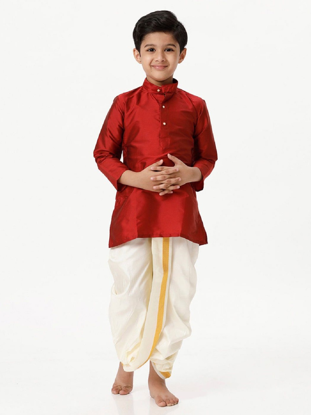 

Ramraj Boys Solid Long Sleeve Kurta with Panchakacham, Red