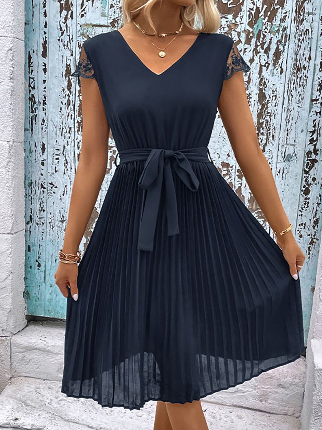 

StyleCast x Revolte Women V-Neck Fit and Flare Dress, Navy blue
