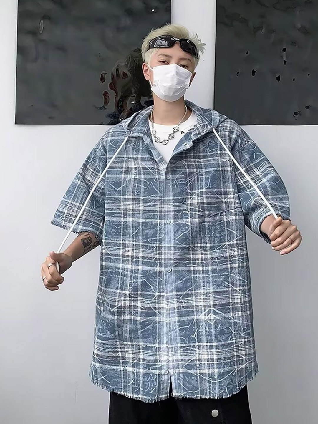 

StyleCast x Revolte Men Oversized Fit Hood Tartan Checked Casual Shirt, Blue