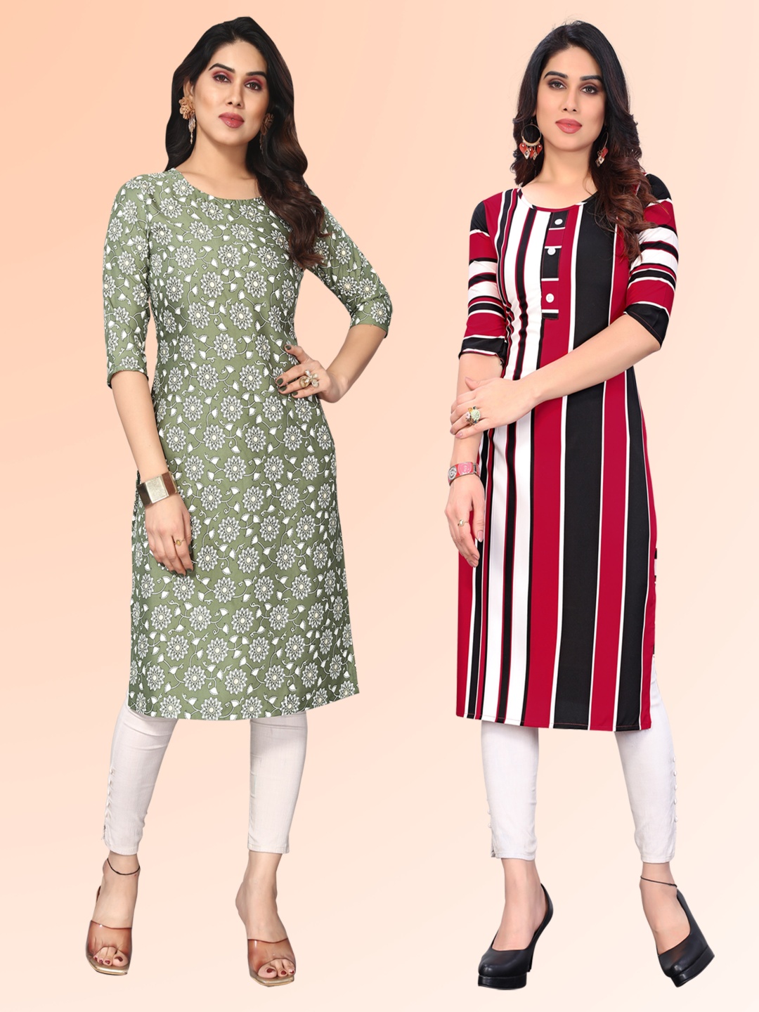 

KETAKI FASHION Selection Of 2 Striped Printed Round Neck Kurtas, Olive
