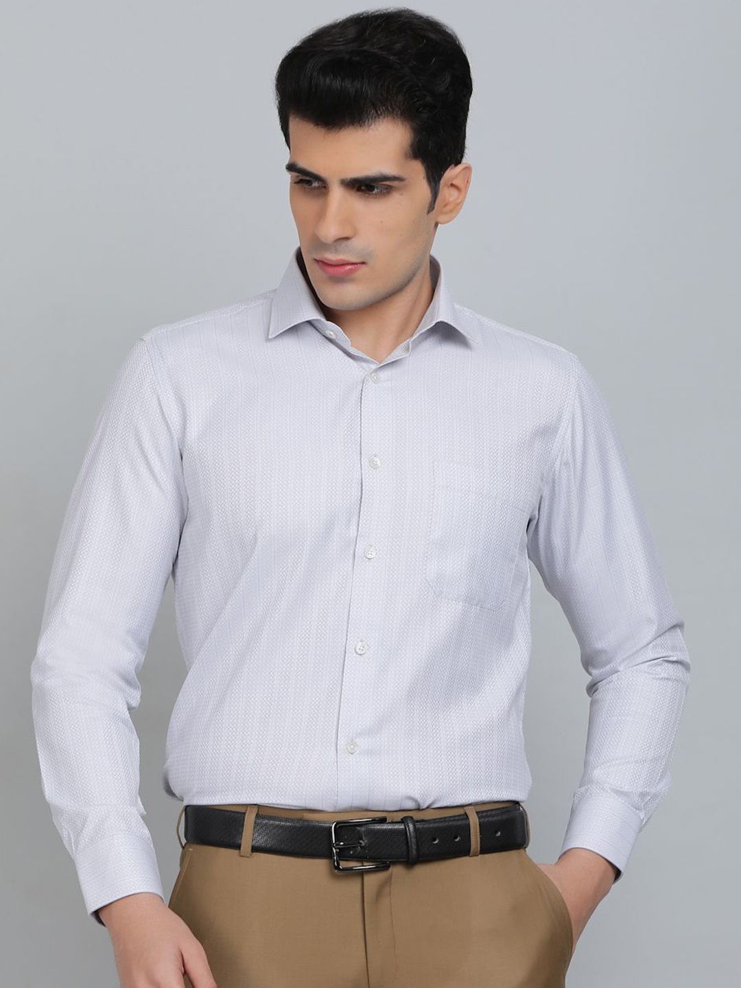 

Greenfibre Men Slim Fit Spread Collar Textured Cotton Formal Shirt, Grey