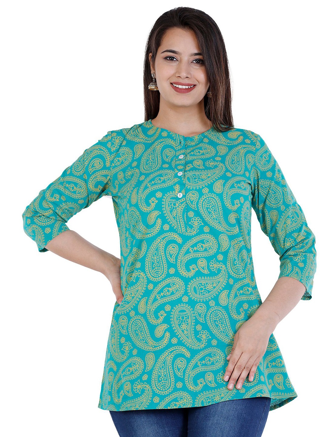 

NNAVDHA Ethnic Motifs Printed Cotton Top, Green