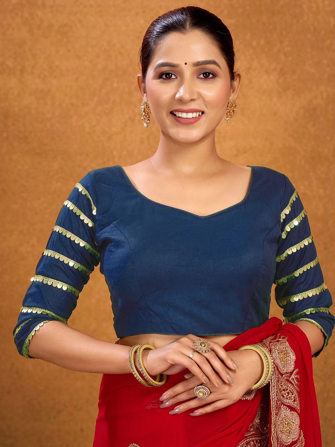 

KALINI Women Fully Stitched Gotta Patti Padded CottonSaree Blouse, Blue