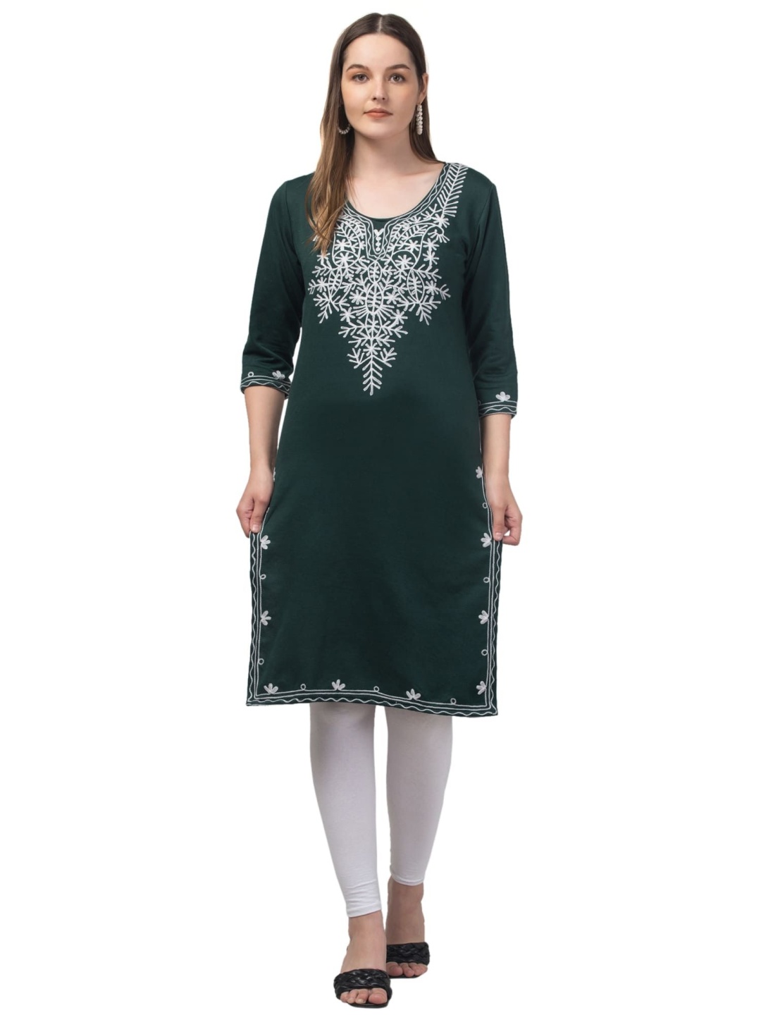 

FAMBEE Floral Embroidered Round Neck Woollen Straight Kurta, Green