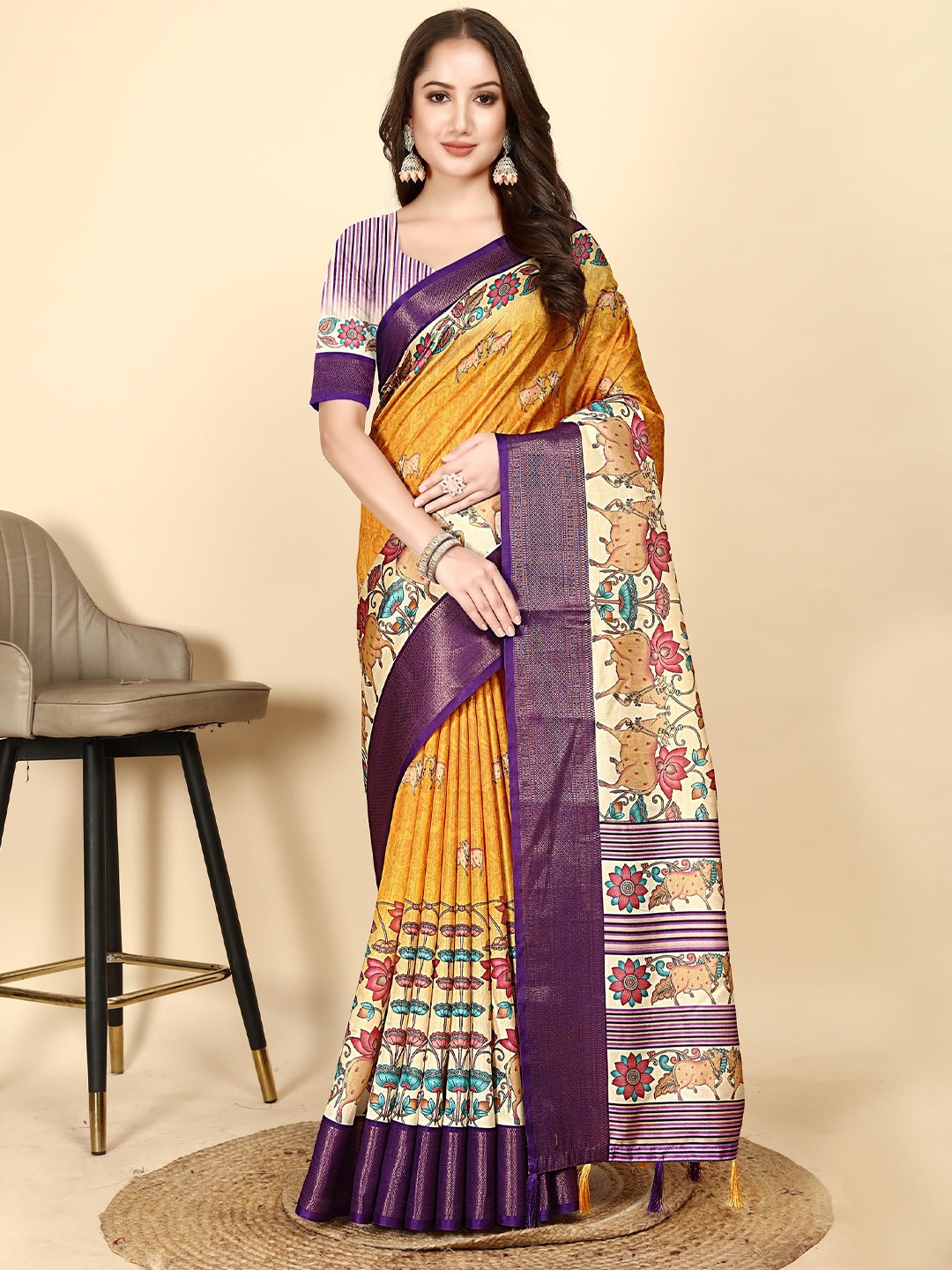 

J 6 DESIGNER Woven Design Zari Block Print Saree, Orange