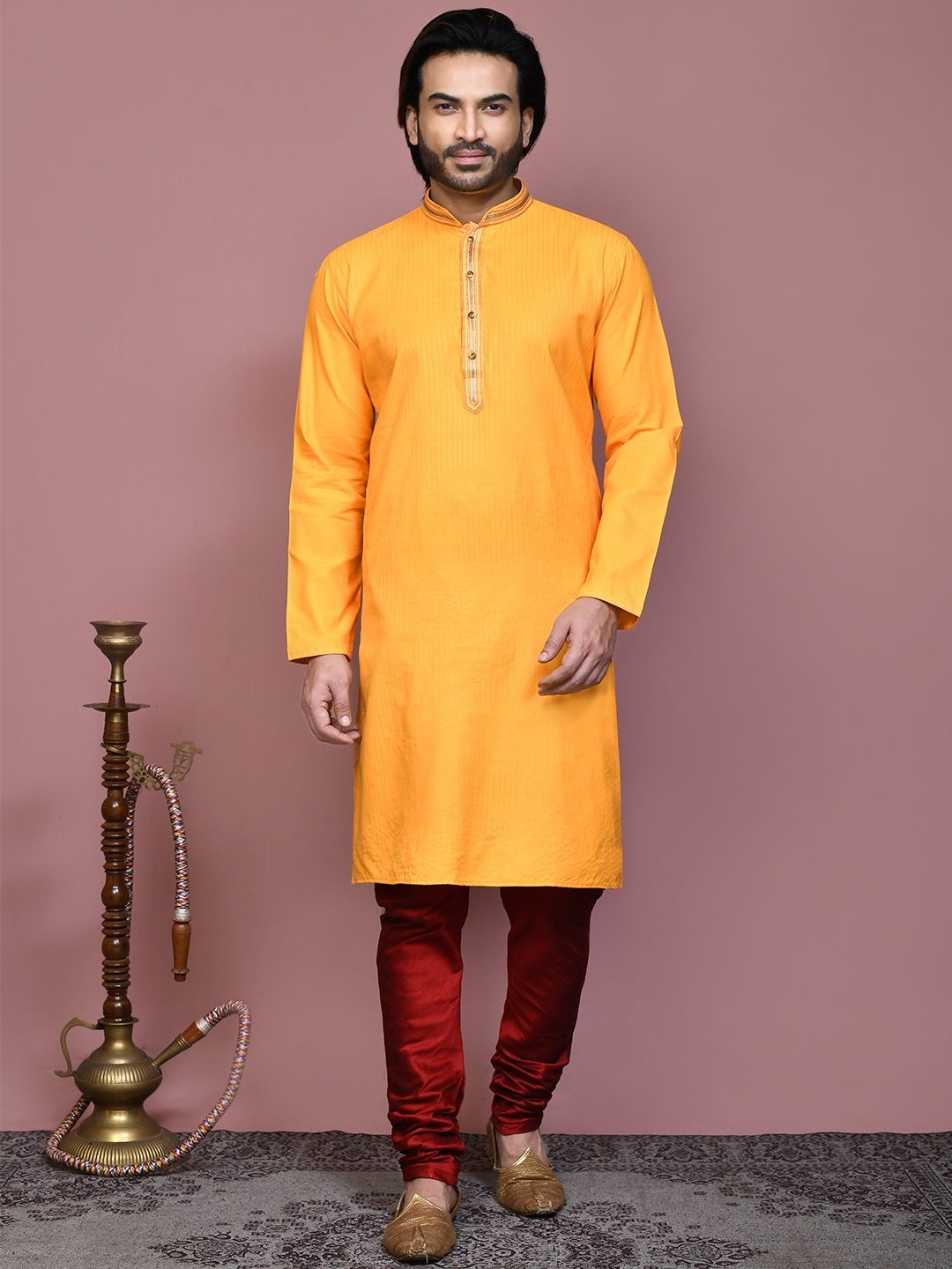 

RANAK Striped Cotton Mandarin Collar Straight Kurta, Yellow