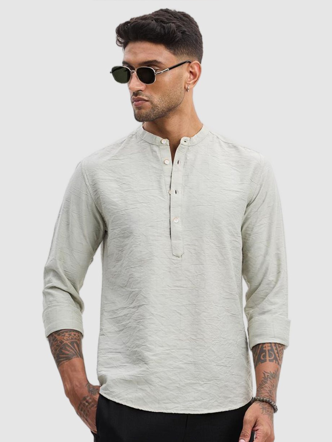 

Snitch Men Smart Fit Band Collar Textured Casual Shirt, Off white
