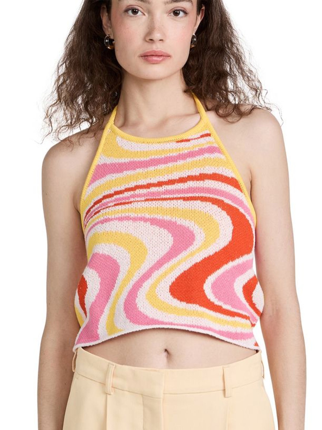 

LULU & SKY Women Abstract Printed Halter Neck Crop Styled Back Top, Yellow