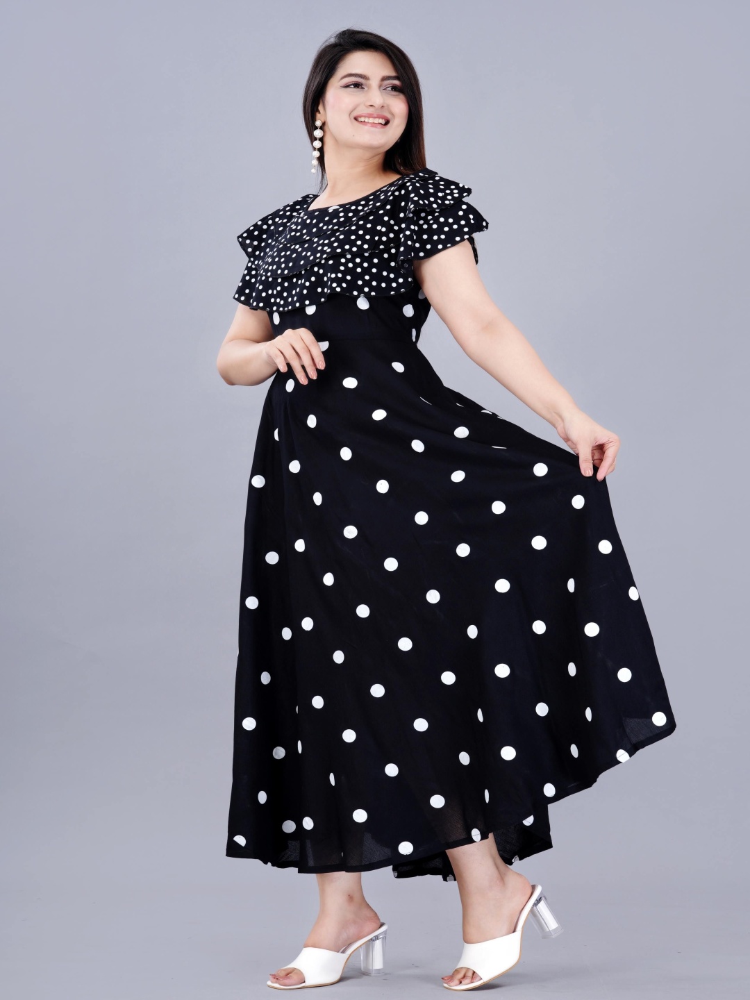 

ao services Women Polka Dot Printed Block Print Anarkali Kurta, Black