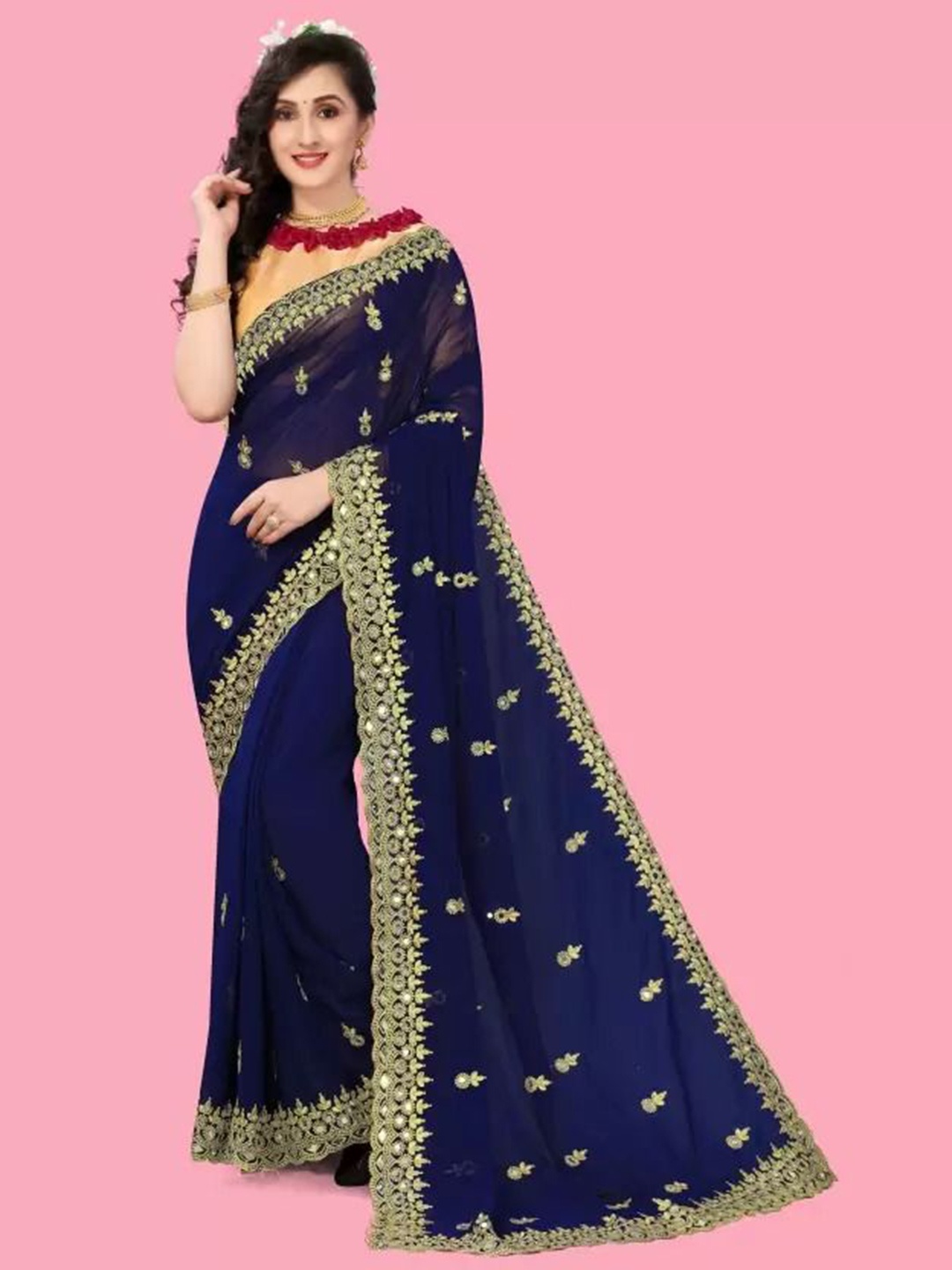 

SAADHVI Embroidered Pure Georgette Saree, Navy blue