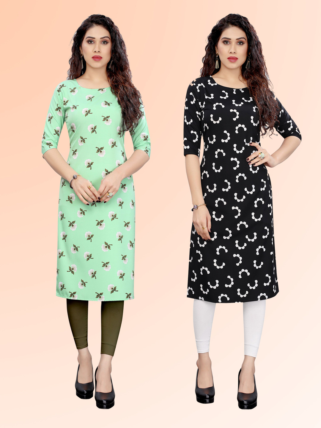 

KETAKI FASHION Selection Of 2 Floral Printed Round Neck Straight Kurtas, Green