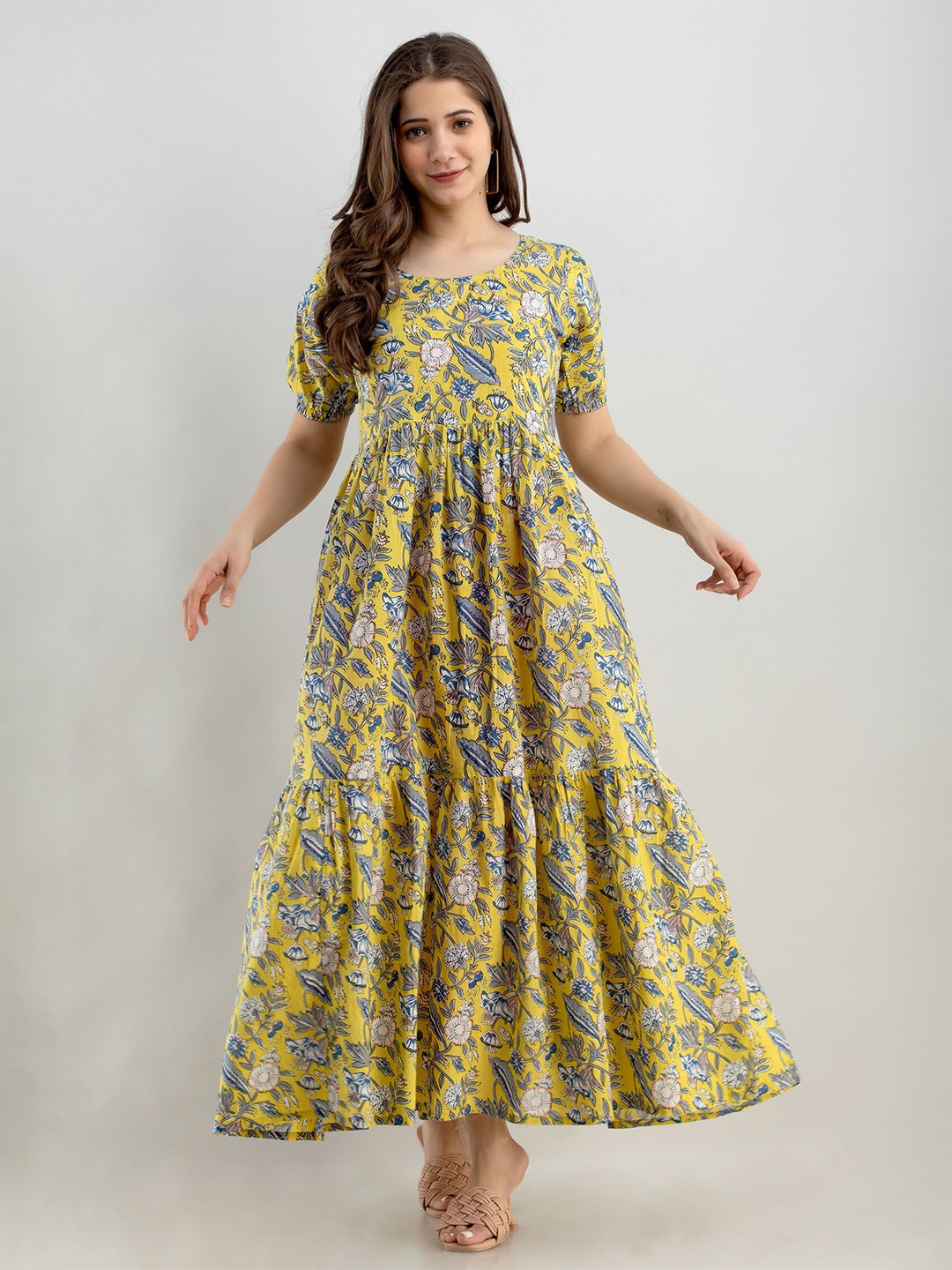 

SITA FASHION HUB Women Floral Printed Cotton Maxi Ethnic Dress, Yellow