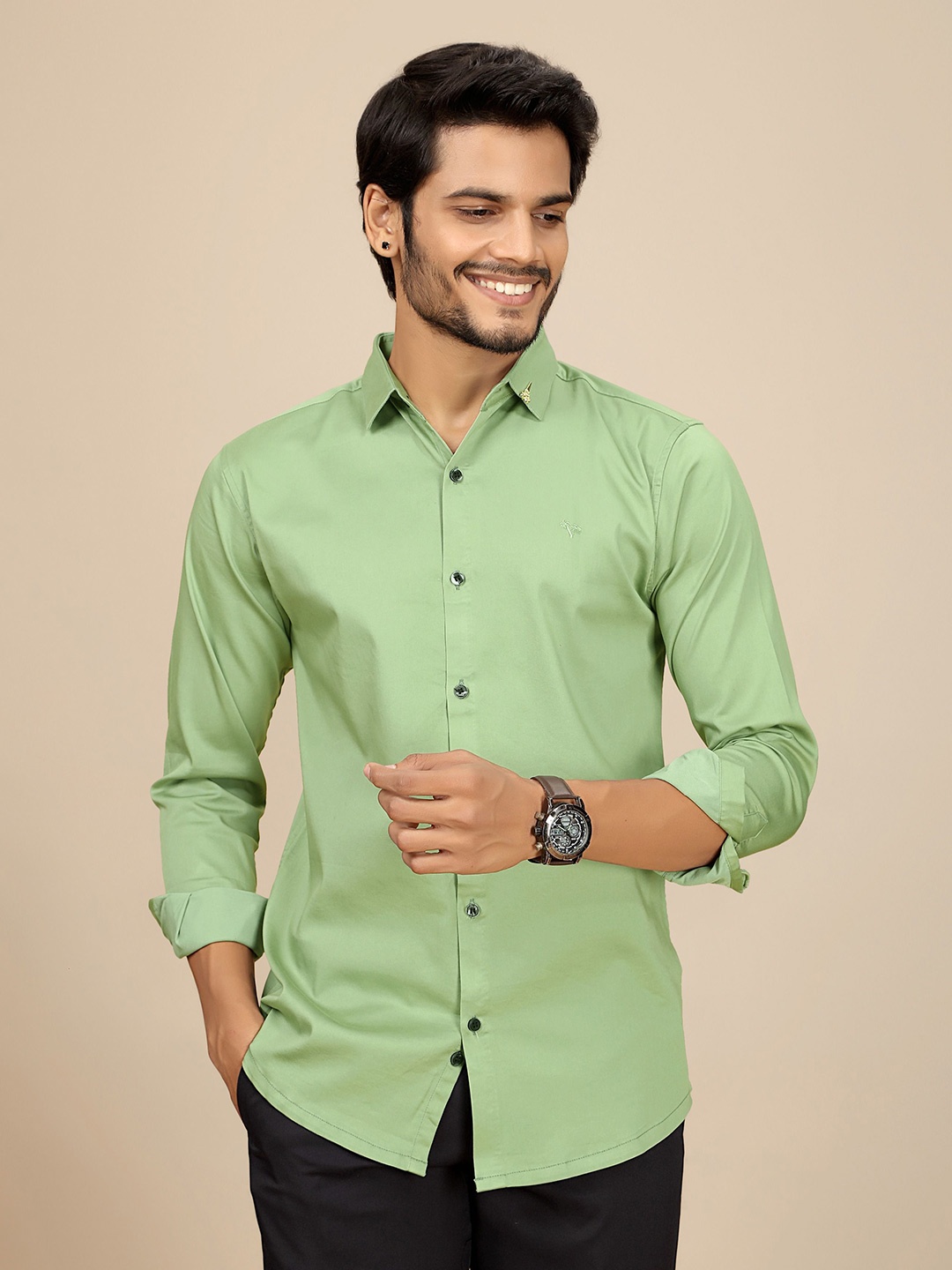 

JOSE N POSE Men Premium Tailored Fit Spread Collar Solid Satin Casual Shirt, Green