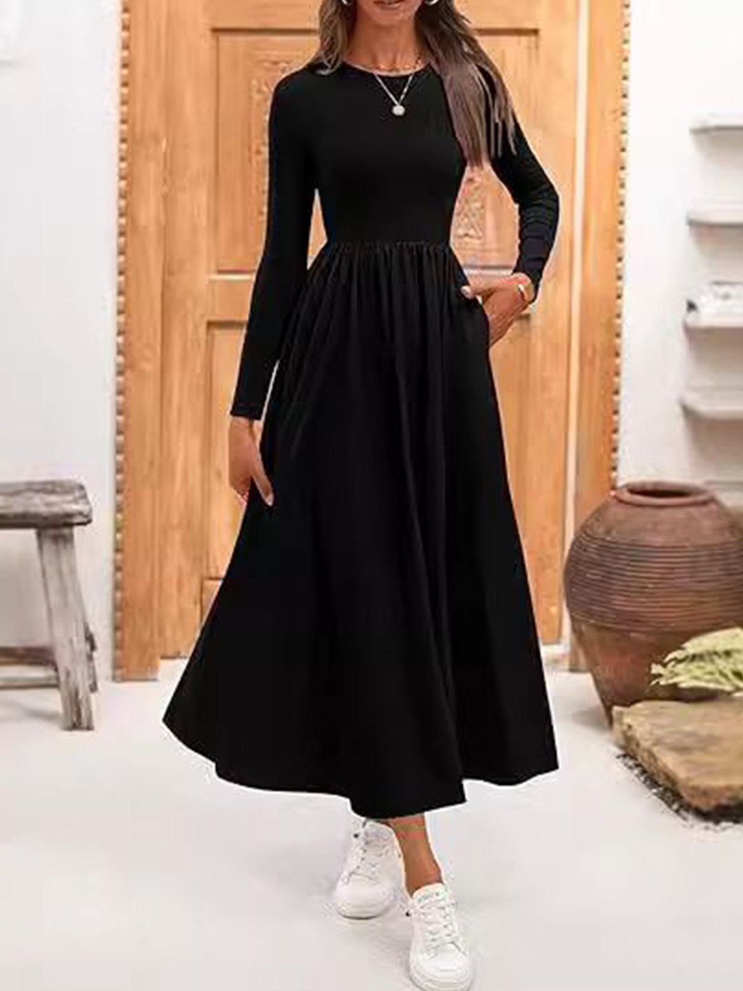 

StyleCast Women Round Neck Fit & Flare Maxi Dress, Black