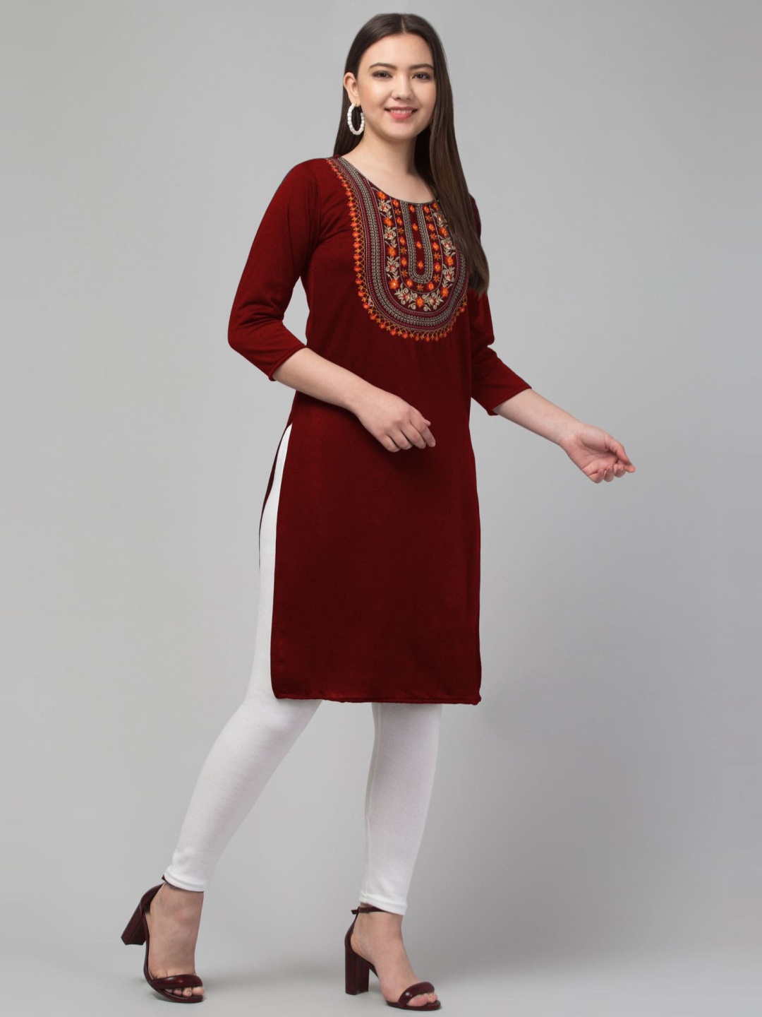 

FAMBEE Floral Embroidered Round Neck Mirror Work Woollen Straight Kurta, Maroon