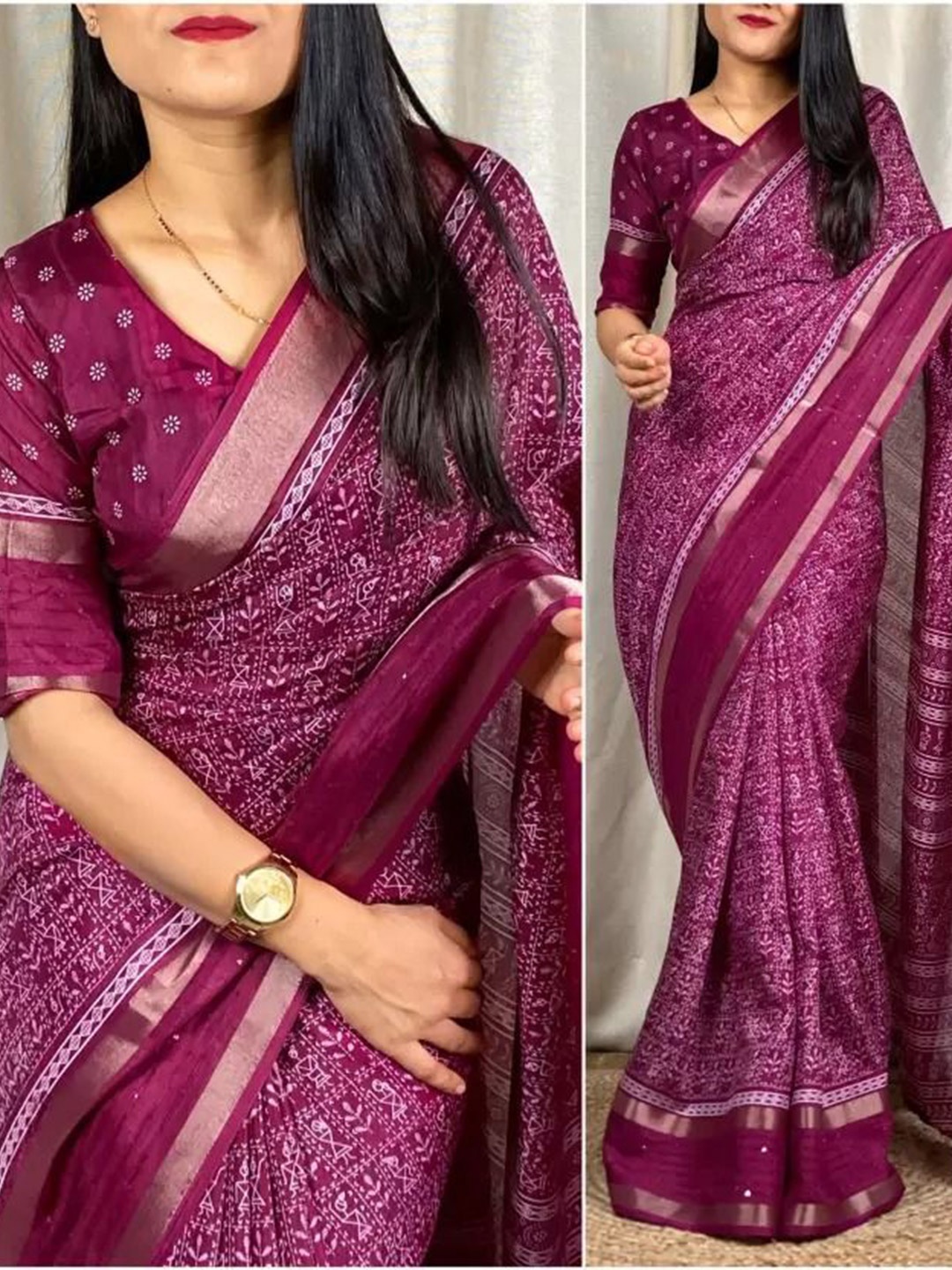 

SAADHVI Printed Zari Designer Saree, Burgundy
