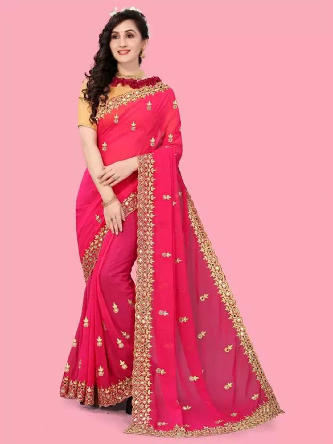 

SAADHVI Embellished Embroidered Pure Georgette Saree, Pink