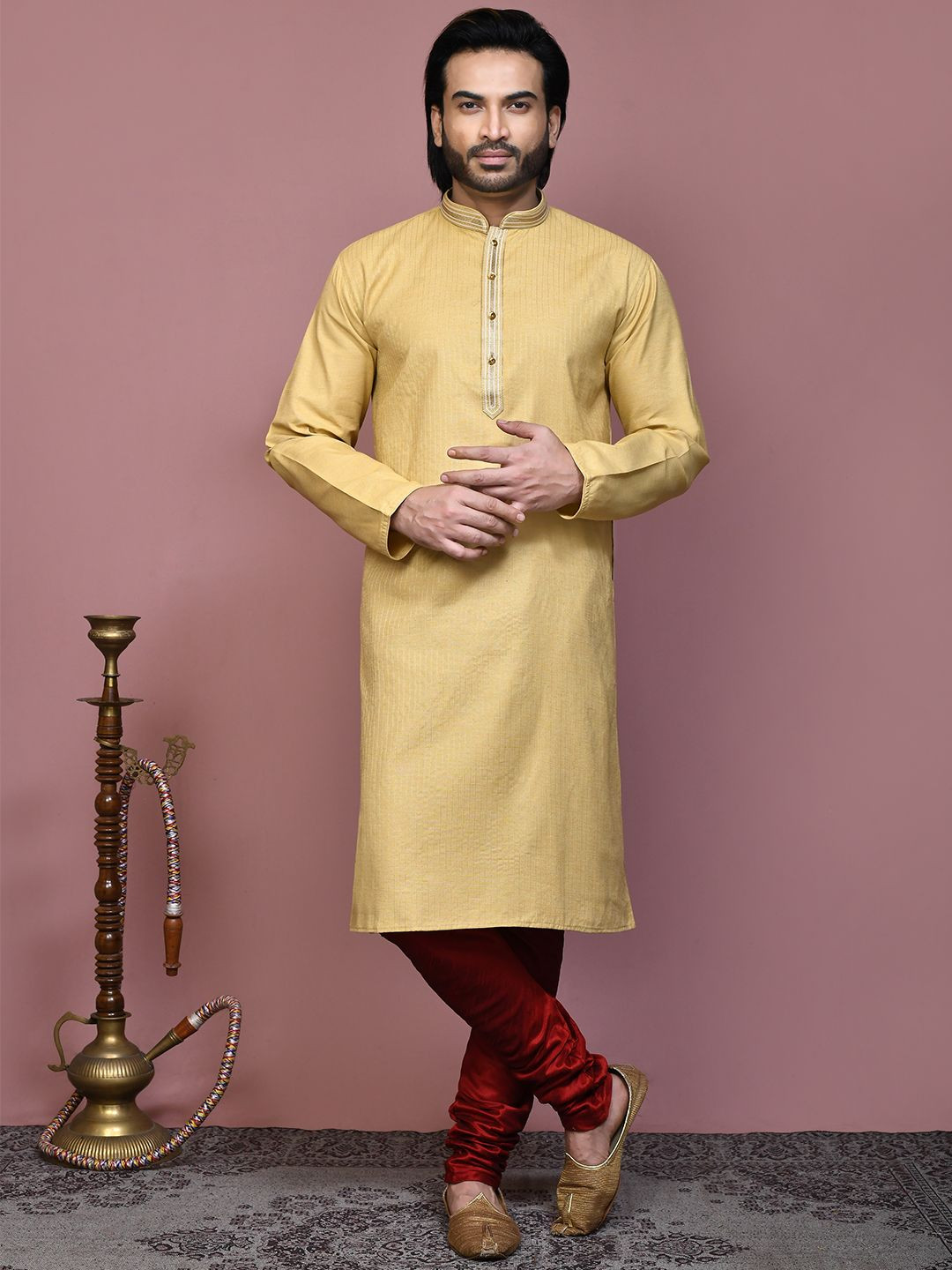 

RANAK Striped Cotton Mandarin Collar Straight Kurta, Mustard