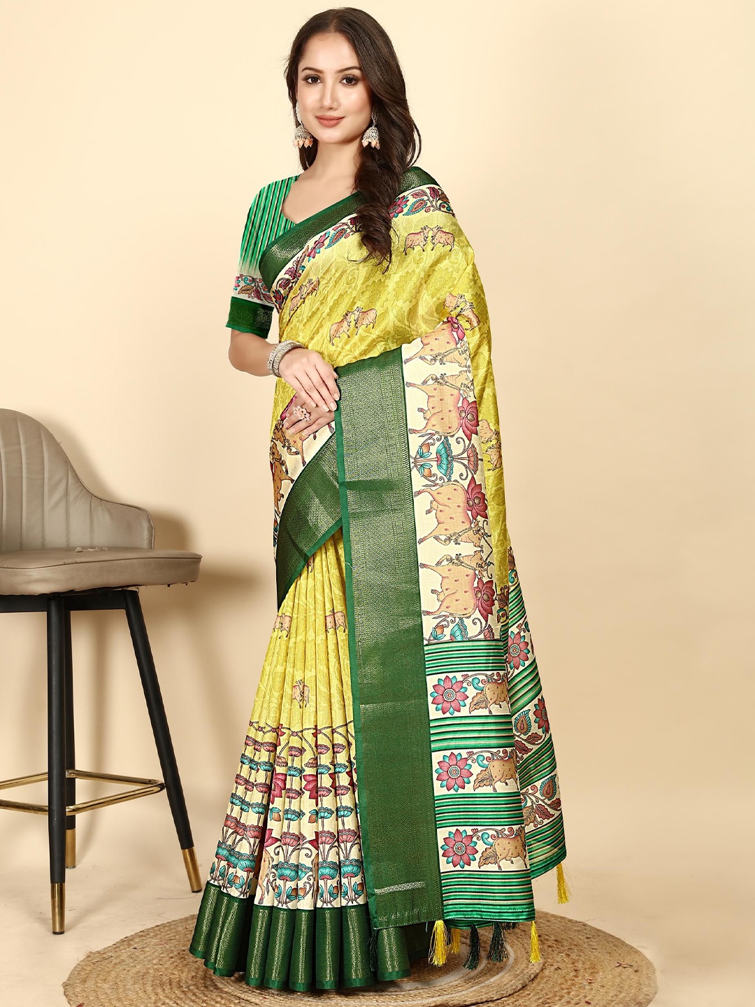 

J 6 DESIGNER Floral Printed Zari Saree, Yellow