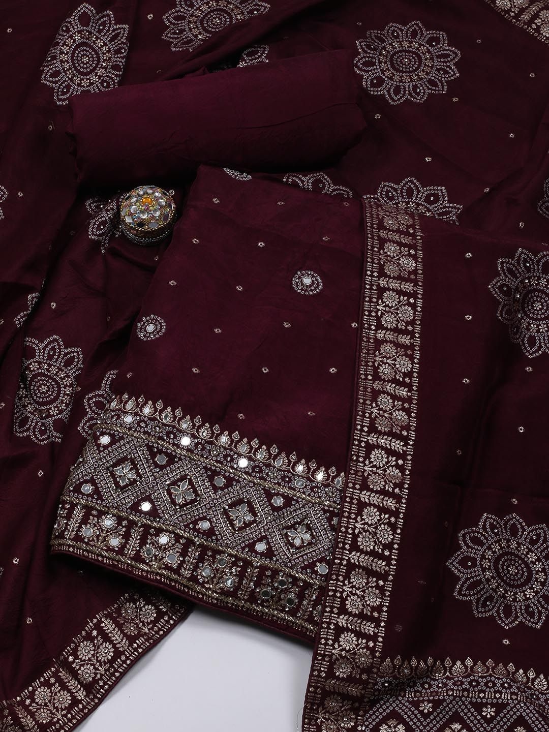 

Meena Bazaar Ethnic Motifs Woven Design Mirror Work Unstitched Dress Material, Purple