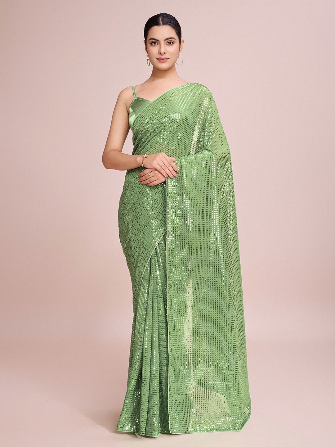 

FashionsEye Embellished Sequinned Saree, Green