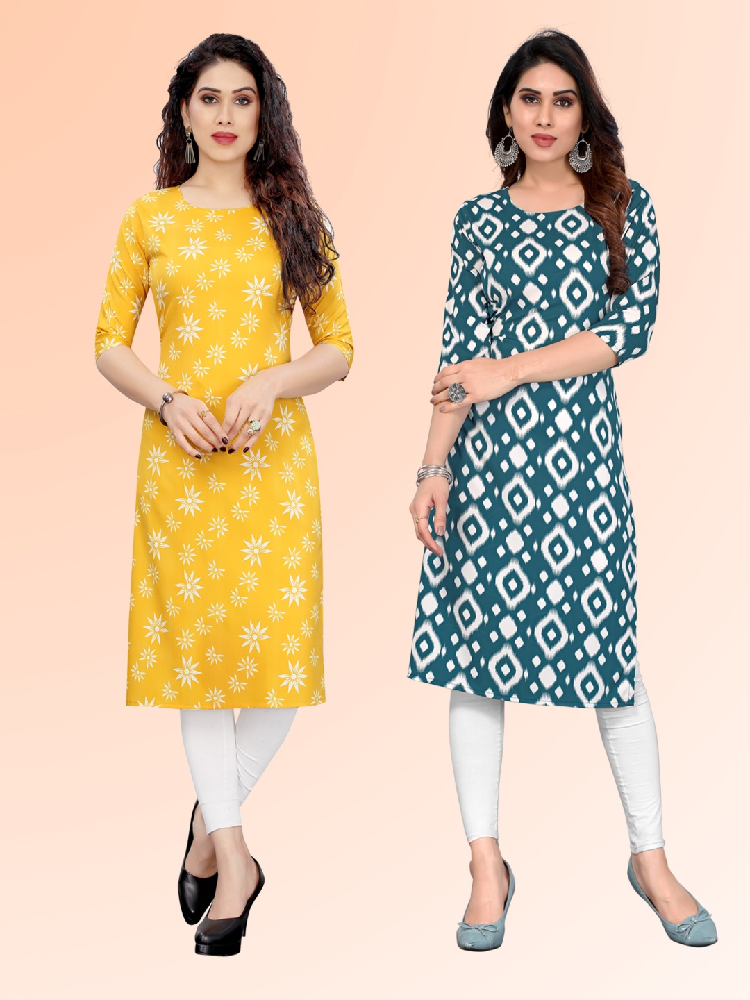

KETAKI FASHION Selection Of 2 Ethnic Motifs Printed Round Neck Straight Kurtas, Teal
