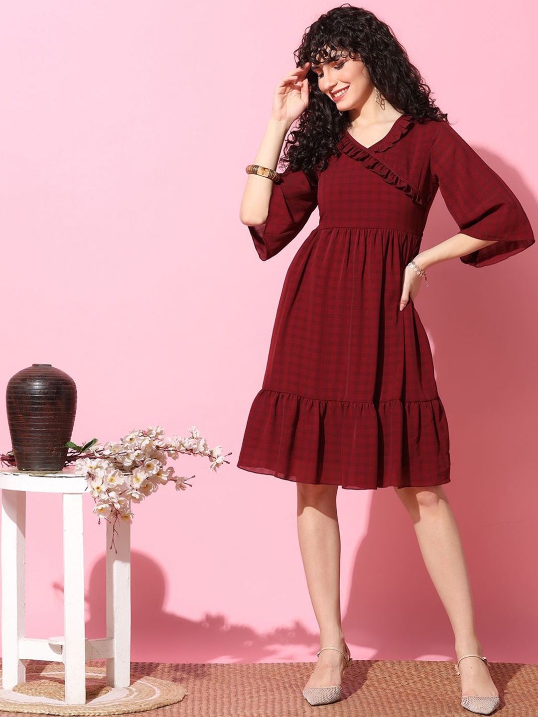 

Moda Rapido Women Flared Sleeve Fit & Flare Dress, Maroon