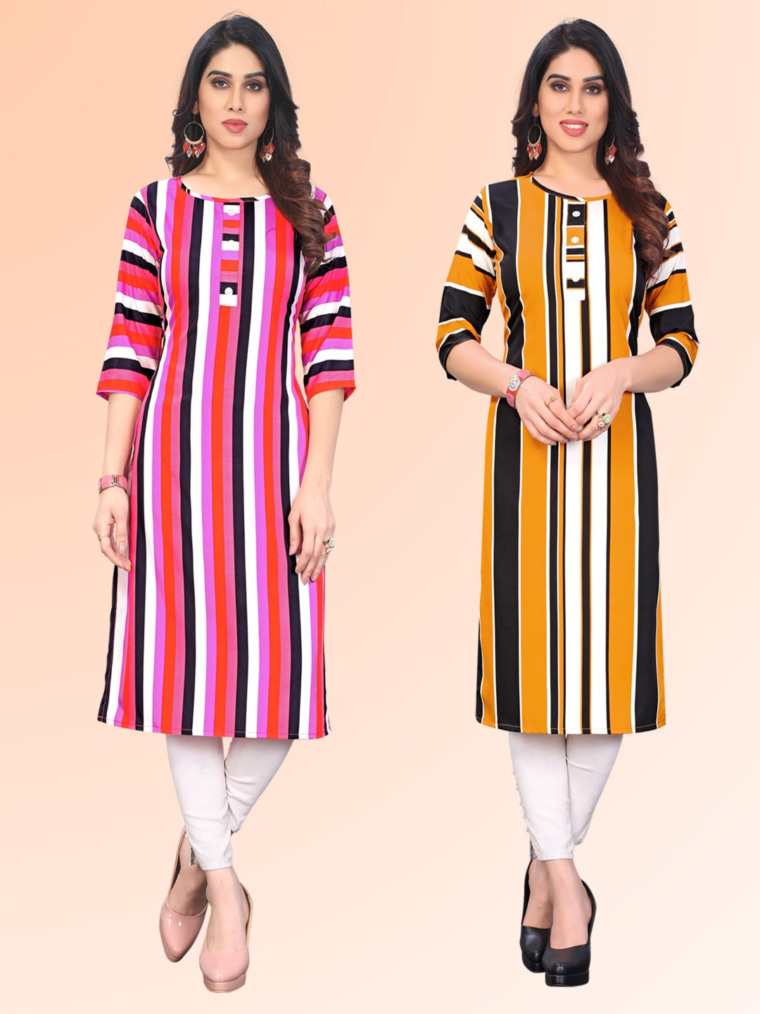 

KETAKI FASHION Selection Of 2 Striped Printed Round Neck Kurtas, Pink